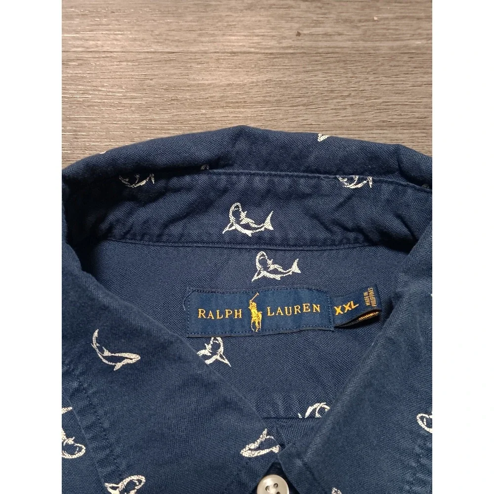 Ralph Lauren Men's Navy‎ Blue Shark Print Short Sleeve Pocket Tunic Size XXL